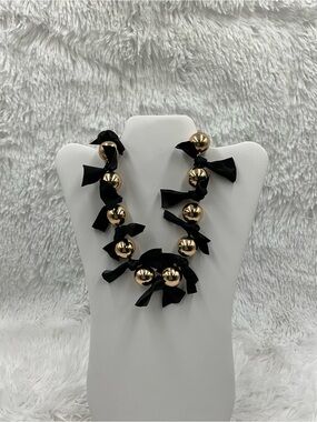 Garden Party Necklace Gold Tone Bead with Black Ribbon Accents NWT